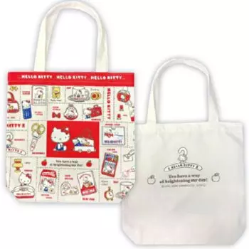 Сумка-тоут Sanrio из хлопкового полотна с вставками, большая вместимость, рисунок с разными милыми персонажами Hello Kitty A сзади/спереди