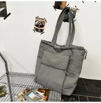 Сумка-тоут со шнурком и плиссировкой, текстура, японская и корейская, студенческая сумка-тоут, повседневная, большая вместительная холщовая сумка серый