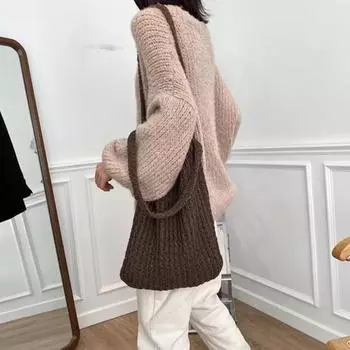 Сумка-тоут трикотажная однотонная большая вместимость для хранения вещей в винтажном корейском стиле через плечо дубильная кора
