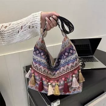 Сумка-тоут в этническом стиле, сумка большой емкости, универсальная сумка через плечо с кисточками в старинном стиле для женщин оранжевый