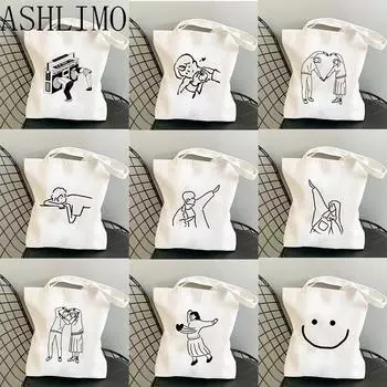 Сумка-тоут в Корейском стиле с улыбкой в стиле Харадзюку, женская сумка на плечо, художественная школьная сумка, холщовая сумка в стиле аниме, большая вместительная повседневная сумка-шоппер 24*26cm