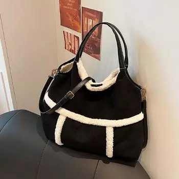 Сумка-тоут в стиле ретро из замши и овечьей шерсти, квадратная сумка через плечо, женская зимняя новая повседневная сумка большой вместимости для поездок на работу (30cm<Max Length<50cm)