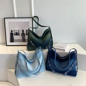 Сумка-тоут в стиле ретро с большой емкостью, женская, градиентная, джинсовая, на молнии, индивидуальный дизайн, сумка через плечо, повседневная, для поездок на работу, сумка на плечо