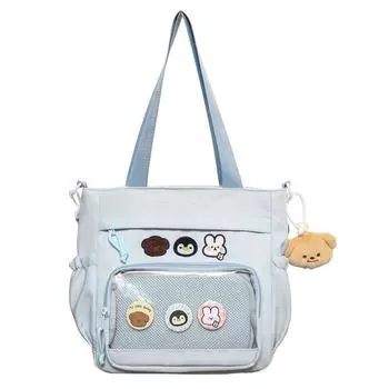 Сумка-тоут в студенческом стиле с мультяшным принтом, женская, большая вместимость, сумка через плечо синий