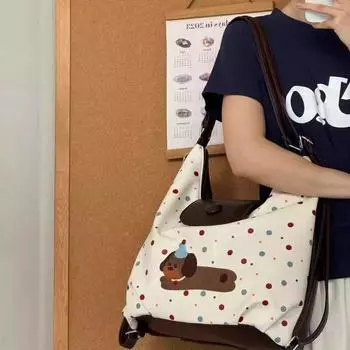 Сумка-тоут в виде шоколадного щенка в горошек на осень и зиму, женская, новая, в студенческом стиле, рюкзак, большая вместительная сумка через плечо