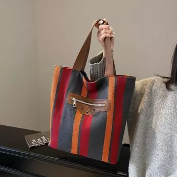 Сумка-тоут женская полосатая холщовая сумка на плечо студенческая классная ручная сумка красный