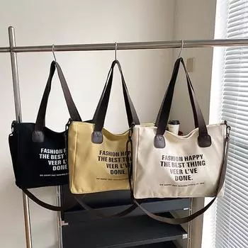 Сумка-тоут женская студенческая большая холщовая сумка с надписью простая сумка через плечо женская белый