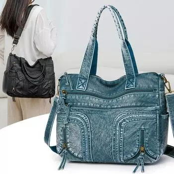 Сумка-тоут женская винтажная мягкая кожаная джинсовая сумка через плечо чёрный