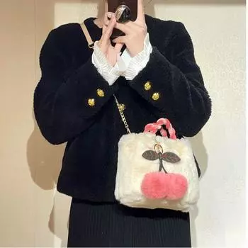 Сумка-тоут Зимняя сумка через плечо Женская сумка Вишневая плюшевая сумка Плюшевая сумка Маленькая квадратная сумка белый