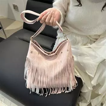 Сумка в стиле бохо с бахромой, модная вместительная сумка через плечо 2025 года, новая, универсальная женская сумка чёрный