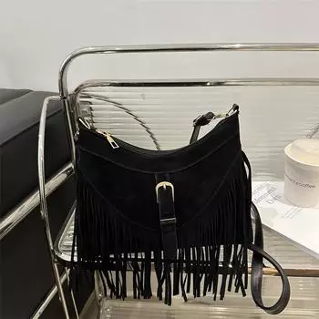 Сумка в стиле ретро с бахромой, женская, модель осени 2025 года, кожаная пряжка, матовая сумка через плечо, сумка-мессенджер коричневый