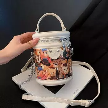 Сумка-ведро для девочки, симпатичная сумка-кошелек с маленьким медвежонком, женская, новинка 2023 года, модная сумка через плечо Niche Cylinder, переносная сумка на одно плечо бежевый