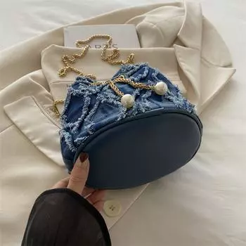 Сумка-ведро из джинсовой ткани с цепочкой и жемчугом, сумка через плечо из джинсовой ткани с кисточками для женщин чёрный