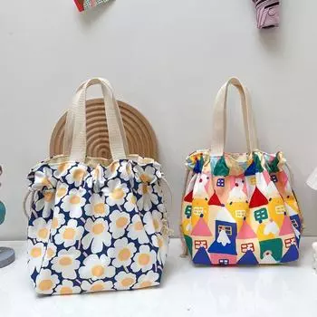 Сумка-ведро из холста с принтом, мультяшная сумка из холста, переносная сумка на шнурке для покупок K