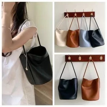 Сумка-ведро из искусственной кожи, однотонная кожаная сумка на плечо, простая для девочек чёрный
