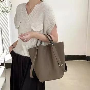 Сумка-ведро из натуральной кожи для поездок на работу, женская сумка-тоут из коровьей кожи Niche, большая вместимость, сумка на одно плечо One Size чёрный