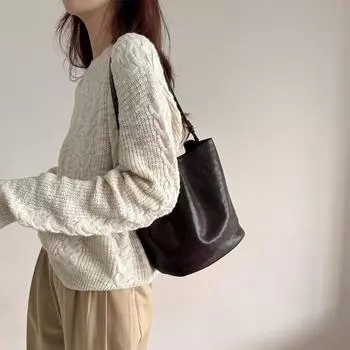 Сумка-ведро из натуральной кожи на одно плечо, женская сумка, минималистичная сумка через плечо, сумка-тоут из коровьей кожи большой вместимости One Size чёрный