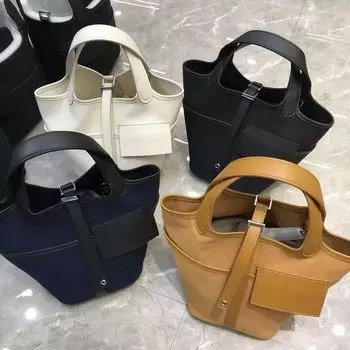 Сумка-ведро из натуральной кожи с холщовой корзиной для овощей для женщин с повседневным дизайном и множеством карманов. Сумка из натуральной кожи с холщовой отделкой.