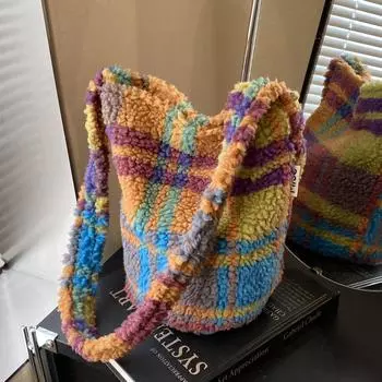 Сумка-ведро из плюша Season Lady Cute High Sense Niche Versatile Lamb Wool Oblique Cross цветочный