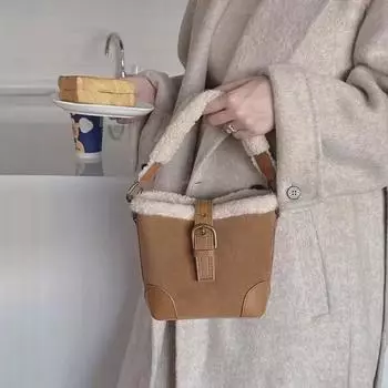 Сумка-ведро из замши и овечьей шерсти в стиле ретро - осенне-зимняя ручная сумка и сумка через плечо коричневый