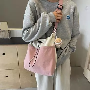 Сумка-ведро контрастного цвета большой емкости на шнурке женская сумка через плечо чёрный