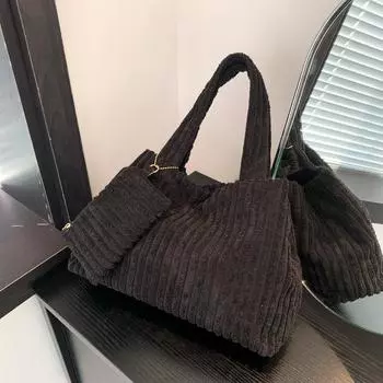 Сумка-ведро Niche Cordoroy 2024 года, корейская версия, новая сумка через плечо, симпатичная пушистая сумка-тоут чёрный