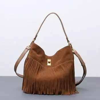 Сумка-ведро Niche Leather, модная женская сумка в стиле ретро с бахромой, матовая, повседневная, универсальная, портативная, сумка-мессенджер Small (16 * 16 * 18cm) коричневый