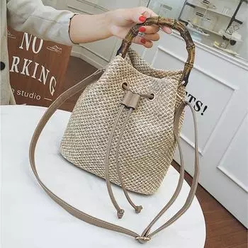 Сумка-ведро с бамбуковой ручкой, женская сумка, винтажная ретро-пляжная сумка, соломенная веревочная вязаная сумка-ведро 24*14*25cm хаки