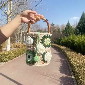 Сумка-ведро с цветочным узором ручной работы для женщин, плетеная сумка, пляжная сумка в стиле бохо, повседневная сумка через плечо