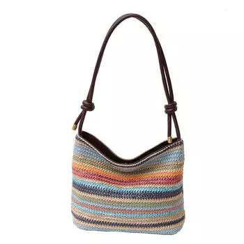 Сумка-ведро с контрастными радужными полосками под мышками, женская, новая, в иностранном стиле, плетеная сумка-тоут, цветная полоса, модная женская сумка через плечо синий