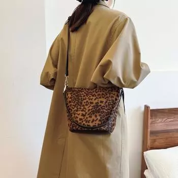 Сумка-ведро с леопардовым принтом Niche design, женская, 2024, осень-зима, корейская версия, модная, повседневная, сумка через плечо, универсальная сумка-мессенджер чёрный
