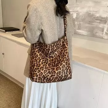 Сумка-ведро с леопардовым принтом в стиле ретро, женская, осень-зима 2024 года, новая сумка-тоут для поездок на работу, вместительная, сумка через плечо премиум-класса коричневый