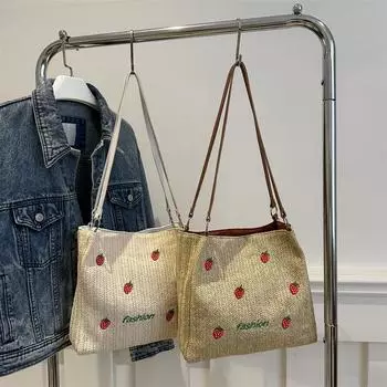 Сумка-ведро с принтом клубники, новая женская сумка, большая вместительная плетеная сумка-тоут, ручная пляжная сумка для отдыха на море