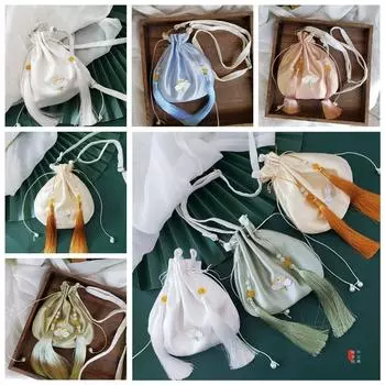 Сумка-ведро с вышитыми кисточками и цветочным узором в китайском стиле, шелковая сумка-мешок Hanfu на шнурке для путешествий C