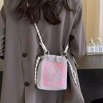 Сумка-ведро с вышивкой, сумка с завязками, сумка для мобильного телефона с цветком кешью, симпатичная нейлоновая сумка через плечо для путешествий чёрный