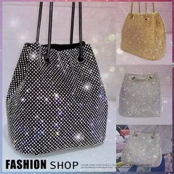 Сумка-ведро со стразами, женские металлические вечерние женские клатчи, модные женские сумки с бриллиантами для девочек 15*11*16cm чёрный