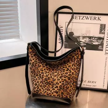 Сумка-ведро женская Tide контрастного цвета с леопардовым принтом в стиле ретро, большая вместительная сумка-тоут на одно плечо, сумка через подмышку