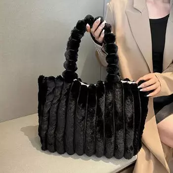 Сумка винтажная большая вместимость плюшевая женская сумка дизайн Sense повседневная однотонная модная студенческая простая сумка-тоут One Size чёрный