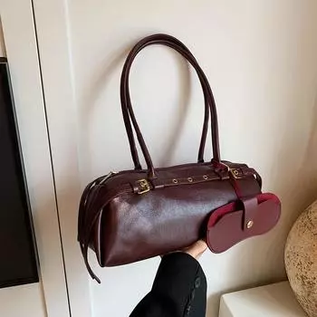 Сумка Yogodlns Boston из искусственной кожи для женщин, однотонная сумка на плечо, повседневная сумка для боулинга в стиле ретро 38x11x15cm вино красного