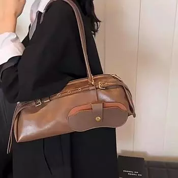 Сумка Yogodlns Boston из искусственной кожи для женщин, однотонная сумка на плечо, повседневная сумка для боулинга в стиле ретро 38x11x15cm вино красного