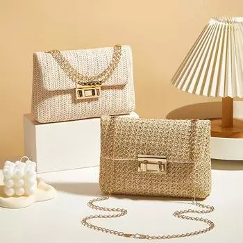 Сумка Yogodlns Crossbody для женщин с цепочным ремешком, летняя пляжная соломенная сумка-клапан, стильный аксессуар, сумка через плечо для повседневных нарядов 21x5x14cm бежевый