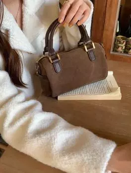 Сумка женская 2024 года, новая ретро-замшевая универсальная сумка на одно плечо Oblique Span, маленькая сумка-подушка в форме цилиндра, сумка Boston Handbag