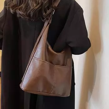 Сумка женская 2024 новая осенне-зимняя сумка-ведро через плечо большой вместимости ретро универсальная премиум-сумка на одно плечо для матери и ребенка чёрный