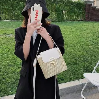 Сумка женская 2024 новая соломенная сумка с замком повседневная простая портативная сумка-ведро темперамент простая сумка через плечо белый