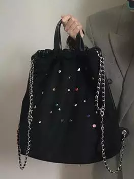 Сумка женская 2024 новый песочный флис сращивание цветные драгоценные камни цепь рюкзак сумка на шнурке чёрный