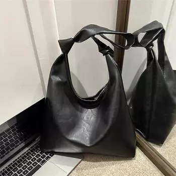 Сумка женская большая вместительная мягкая кожаная сумка подмышкой сумка для путешественников в стиле ретро простая сумка через плечо сумка-тоут чёрный