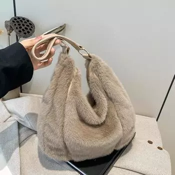 Сумка женская хобо из искусственного плюша, темпераментная сумка подмышку, большая вместимость, на плечо, зимняя, новый дизайн, сумки 30x12x32cm хаки