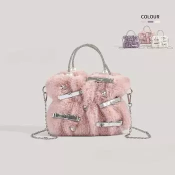 Сумка женская из плюша со стразами на осень и зиму с мягкой текстурой и меховым бантом розовый