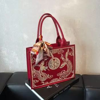 Сумка Женская Красная Новая Китайская Одноплечевая Свадебная Вышитая Wine red with yellow
