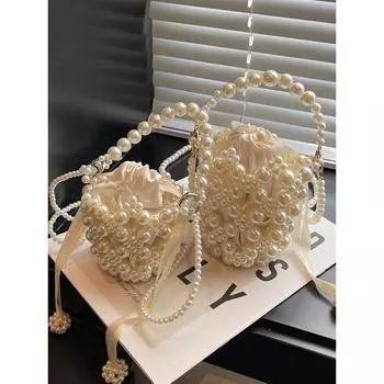 Сумка женская сетка красная жемчужная нишевая мини-цепочка White small size